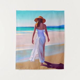Vrouw in het wit op het strand wandkleed