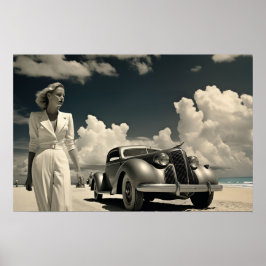 Vrouw in het wit wandelen op het strand in Miami Poster