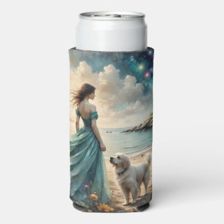 Vrouw in jurk met hond - Vuurtorenstrand Seltzer Blikjeskoeler