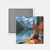 Vrouw in Kajak Drijvend door het mooie meer Magneet (Voorkant / Achterkant)