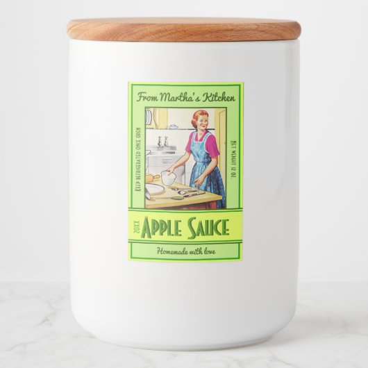 Vrouw in keuken bakken aangepaste tekst voedsel voedselcontainer etiket (Voorkant)