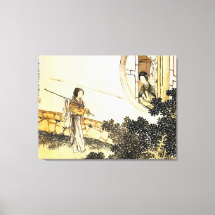 vrouw in kimono bij raam canvas afdruk