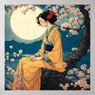 Vrouw in Kimono Cherry Blossom Moonlit Night Poster