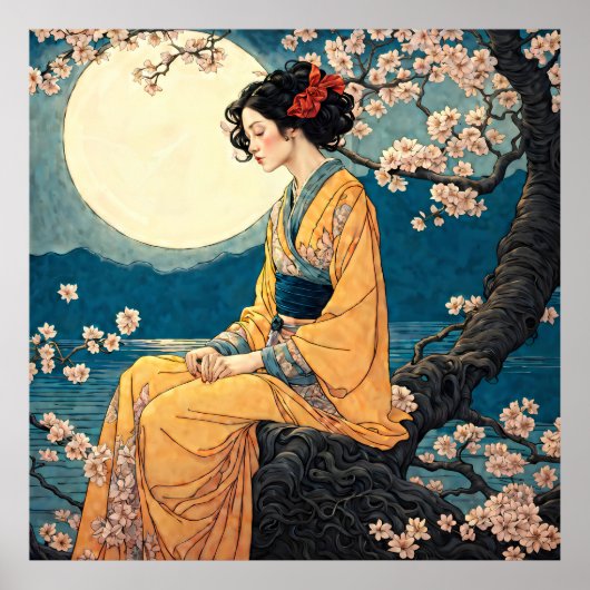Vrouw in Kimono Cherry Blossom Moonlit Night Poster (Voorkant)