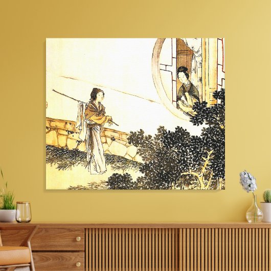 vrouw in kimono tijdens het raam canvas afdruk (Insitu (Woonkamer))