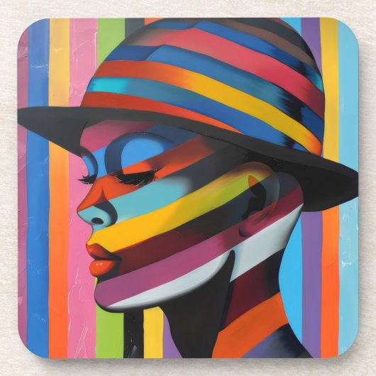 Vrouw in kleurrijk Pet 3 Opvallend silhouet Bier Onderzetter (Voorkant)