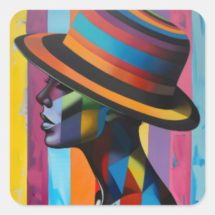 Vrouw in kleurrijk Pet 4 Opvallend silhouet Vierkante Sticker