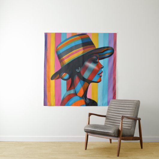 Vrouw in kleurrijk Pet 7 Opvallend silhouet Wandkleed (In situ)