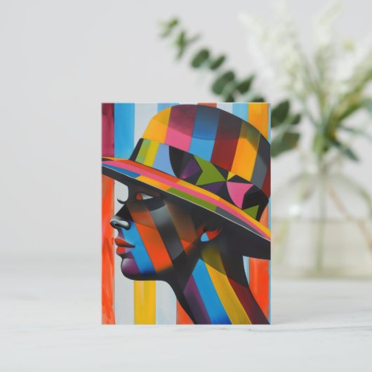 Vrouw in Kleurrijk Pet opvallend silhouet Briefkaart (Staand voorkant)