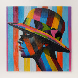 Vrouw in Kleurrijk Pet opvallend silhouet Legpuzzel