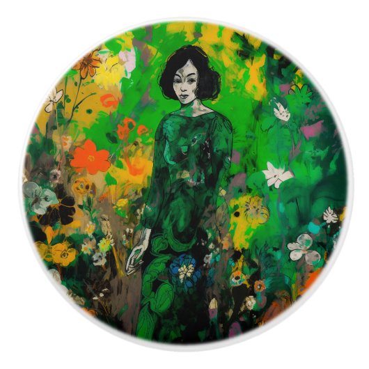 Vrouw in kleurrijk veld keramische knop (Voorkant)