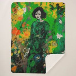 Vrouw in kleurrijk veld sherpa deken