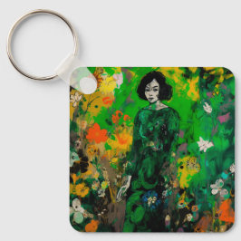Vrouw in kleurrijk veld sleutelhanger