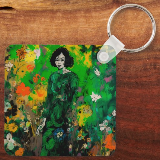 Vrouw in kleurrijk veld sleutelhanger (Achterkant)