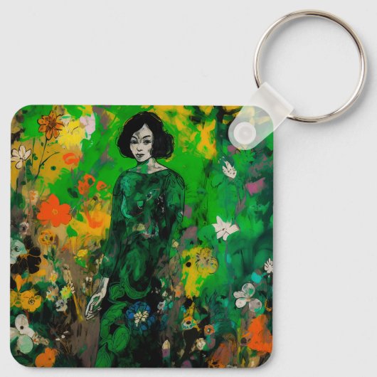 Vrouw in kleurrijk veld sleutelhanger (Achterkant)