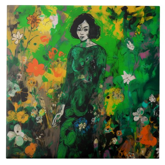Vrouw in kleurrijk veld tegeltje (Voorkant)