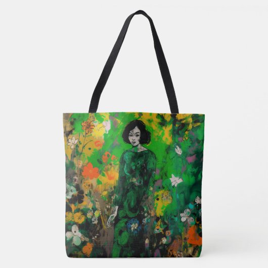 Vrouw in kleurrijk veld tote bag (Voorkant)