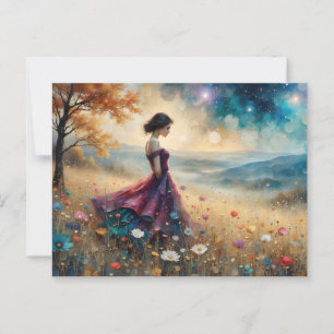 Vrouw in kleurrijke jurk op heuvel van bloemen briefkaart