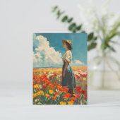 Vrouw in Kleurrijke Tulip Field Briefkaart (Staand voorkant)