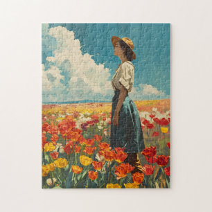 Vrouw in Kleurrijke Tulip Field  Legpuzzel