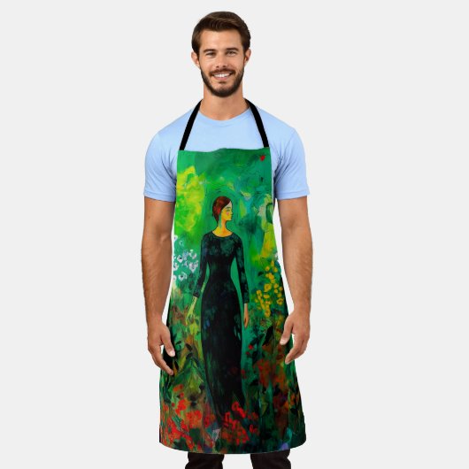 Vrouw in mooie groene weide schort (Gedragen)