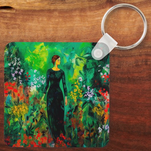 Vrouw in mooie groene weide sleutelhanger (Achterkant)