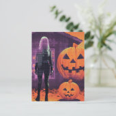 Vrouw in Oranje Paarse Halloween Briefkaart (Staand voorkant)