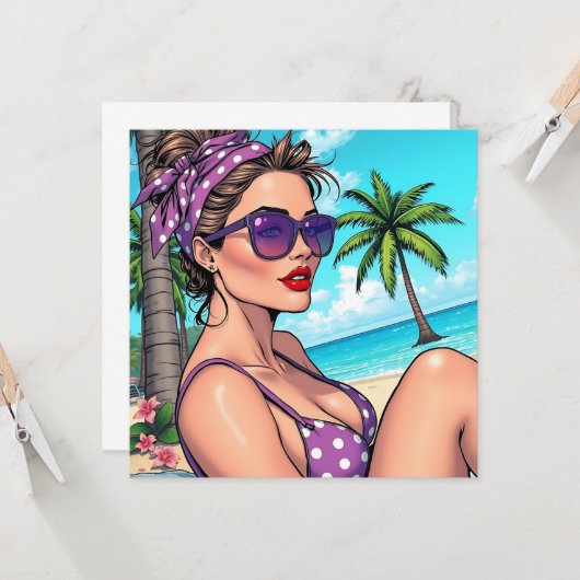 Vrouw in Paarse Polka Dot Bikini op het strand Bla Kaart (Voorkant / Achterkant in situ)