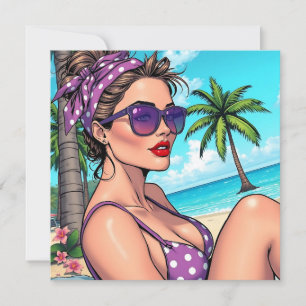 Vrouw in Paarse Polka Dot Bikini op het strand Bla Kaart