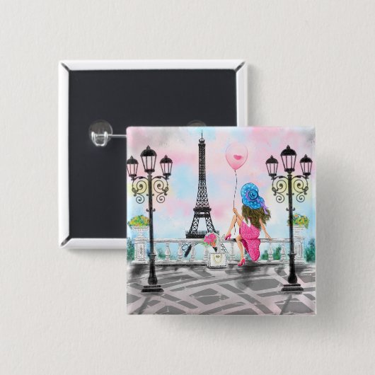 vrouw in parijs Button met eiffeltoren (Voorkant /achterkant)