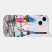 Vrouw in Parijs Eiffeltoren Aangepaste naam iPhone 15 Case (Achterkant horizontaal)
