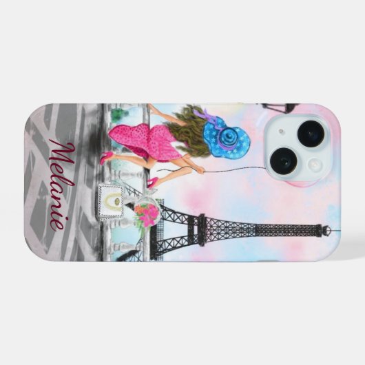 Vrouw in Parijs Eiffeltoren Aangepaste naam iPhone 15 Case (Achterkant horizontaal)
