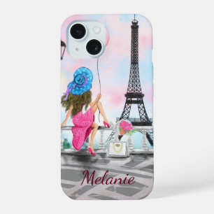 Vrouw in Parijs Eiffeltoren Aangepaste naam iPhone 15 Case
