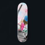 Vrouw in Parijs Eiffeltoren Skateboard<br><div class="desc">Skateboard met vrouw en roze hartballon - I Love Paris - Eiffeltoren romantische tekening - Kies / voeg uw unieke tekst / lettertype / kleur - Maak uw speciale skateboards cadeau - Formaat wijzigen en verplaatsen of verwijderen en elementen toevoegen - Afbeelding / tekst met aanpassingstool! - Tekenen en ontwerpen...</div>