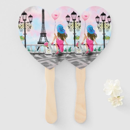 Vrouw in Parijs Hand Fan Eiffeltoren Handwaaier (Voorkant en achterkant)