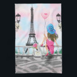 Vrouw in Parijs keukenhanddoek Eiffeltoren<br><div class="desc">Keukenhanddoeken met vrouw en roze hartballon - Ik hou van Parijs - Eiffeltoren romantische tekening - Kies / voeg je unieke tekst / lettertype / kleur - Maak je speciale cadeau - Formaat wijzigen en verplaatsen of verwijderen en elementen toevoegen - Afbeelding / tekst met aanpassingstool! - Tekenen en ontwerpen...</div>
