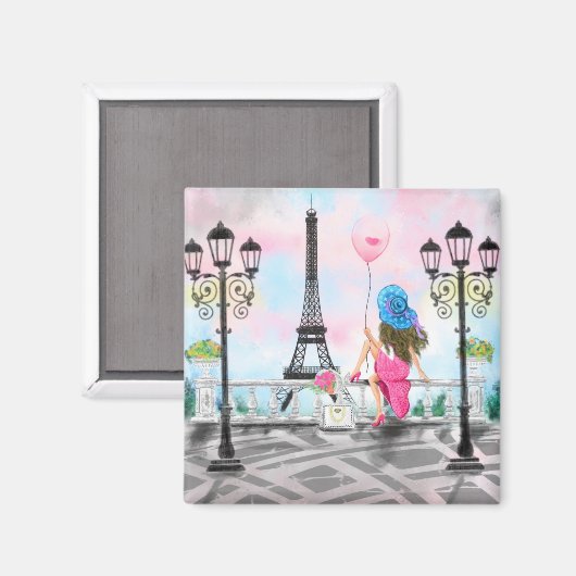 Vrouw in Parijs Magnet Gift met Eiffeltoren (Voorkant / Achterkant)