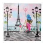 Vrouw in Parijse Keramische Tegel Eiffeltoren Tegeltje<br><div class="desc">vrouw en roze hartballon - I Love Paris - Eiffeltoren romantische tekening - Kies / voeg uw unieke tekst / lettertype / kleur - Maak uw speciale decoratieve Tegels / cadeau - Formaat wijzigen en verplaatsen of verwijderen en toevoegen elementen - Afbeelding / tekst met aanpassingstool! - Tekenen en ontwerpen...</div>