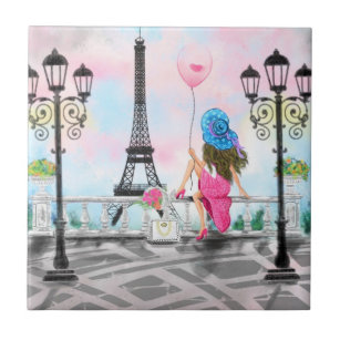Vrouw in Parijse Keramische Tegel Eiffeltoren Tegeltje