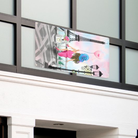 Vrouw in Paris Eiffeltoren Banner (Buitenkant Gebouw)