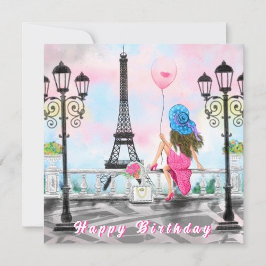 Vrouw in Paris Eiffeltoren Happy Birthday Card Kaart (Voorkant)