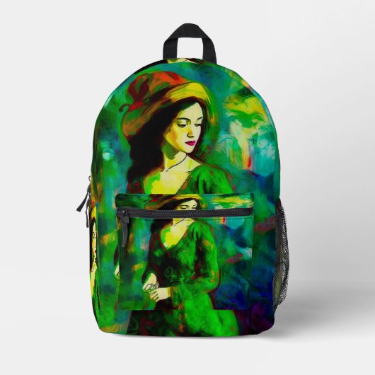 Vrouw in Pet Bedrukte Rugzak (Voorkant)