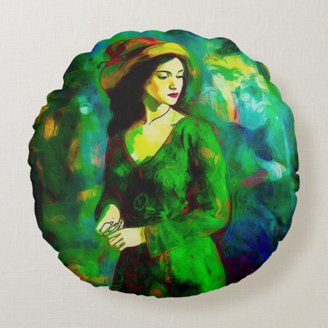 Vrouw in Pet Rond Kussen (Voorkant)