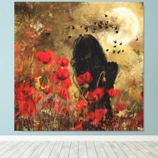 Vrouw in Poppies Canvas Print (Insitu (Houten vloer))