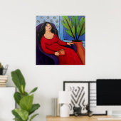 Vrouw in Red Relaxing Poster (Thuiskantoor)