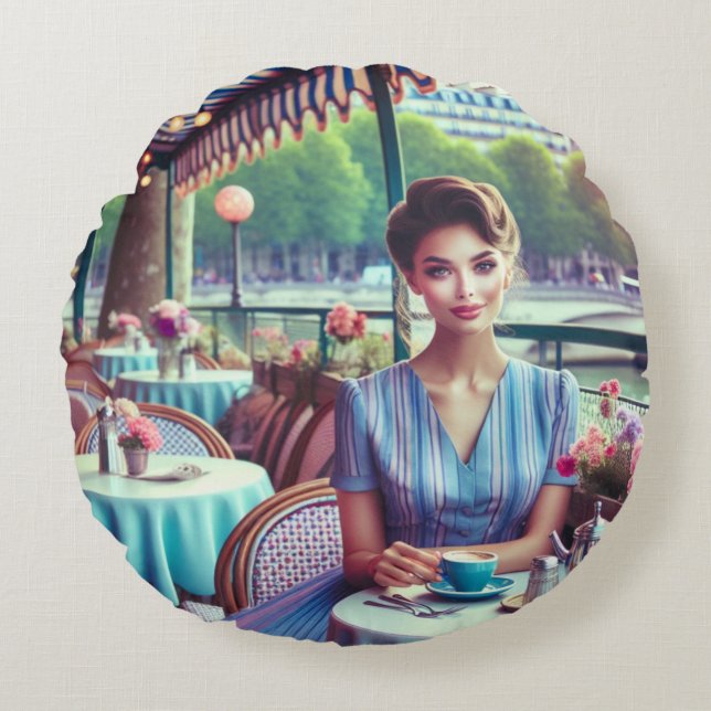 Vrouw in restaurant rond kussen (Voorkant)