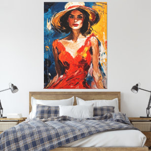 Vrouw in Rode Cocktail Jurk Canvas Afdruk