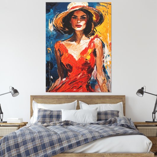 Vrouw in Rode Cocktail Jurk Canvas Afdruk (Insitu (Slaapkamer))