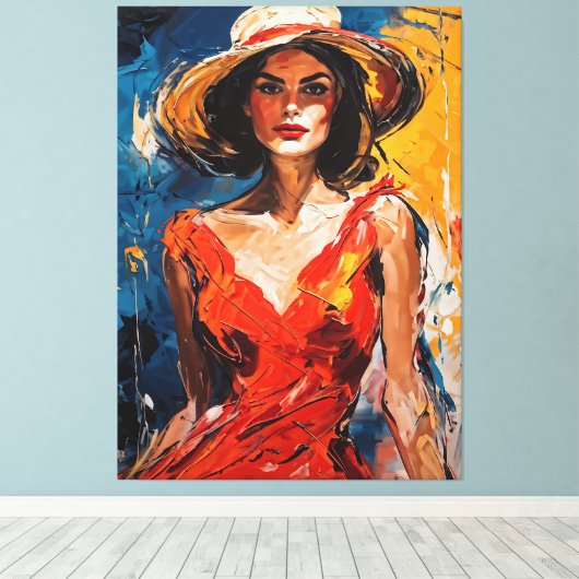 Vrouw in Rode Cocktail Jurk Canvas Afdruk (Insitu (Houten vloer))