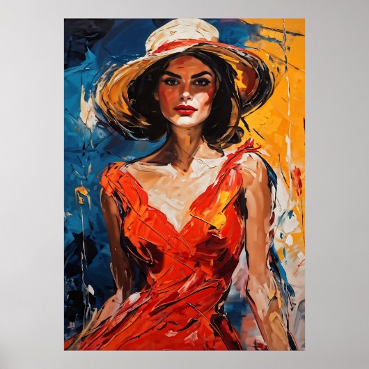 Vrouw in Rode Cocktail Jurk Poster (Voorkant)